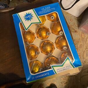 Vintage COBY Glass Ornaments Gold Made in USA 12 One Dozen Balls